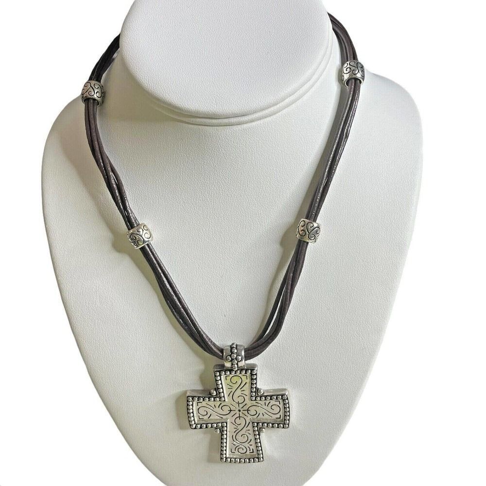 𝅺premier Design Necklace 16" Brown Multi Strand Leather Cord Silver Tone Cross